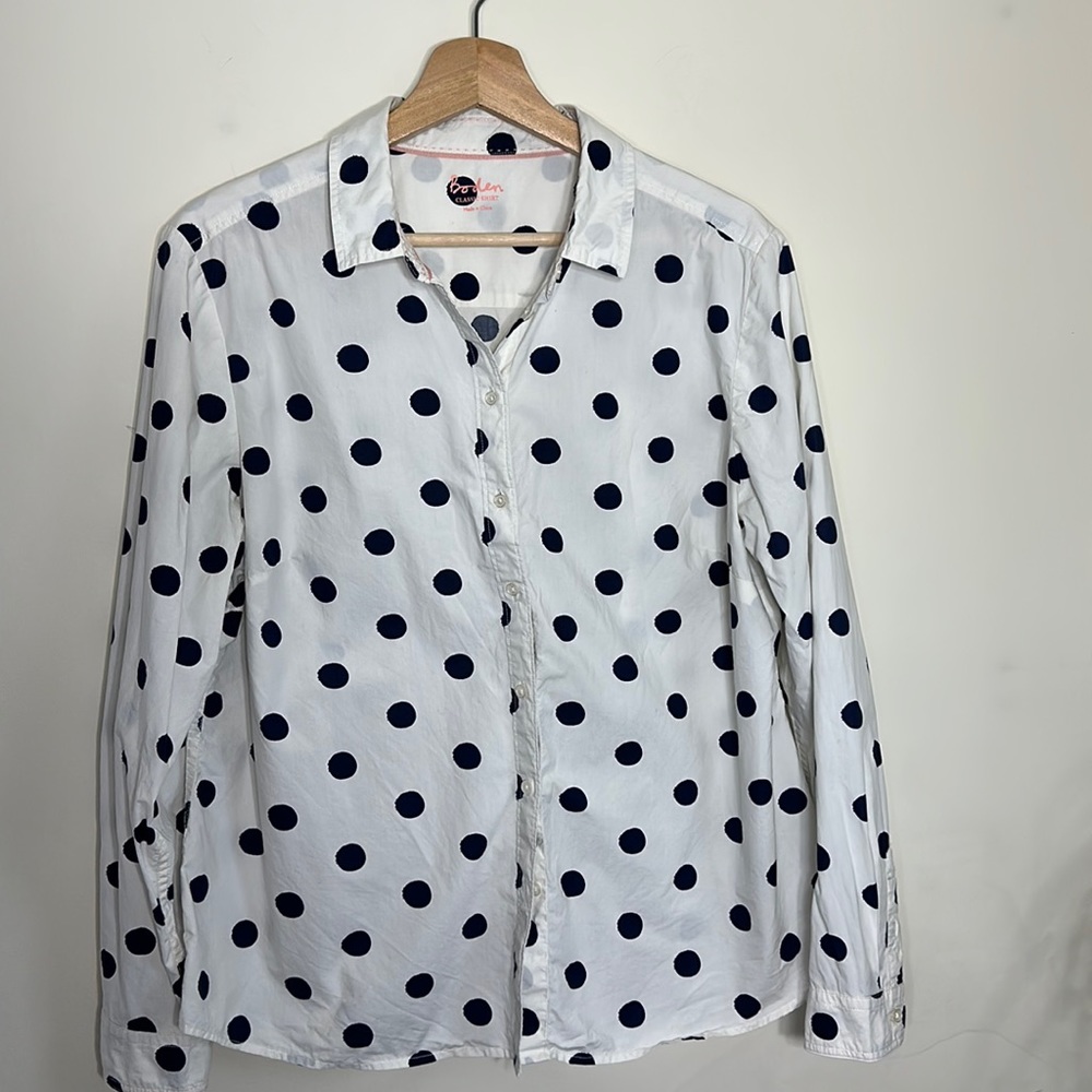 Boden Polka Dot White and Navy Shirt Women Size 14